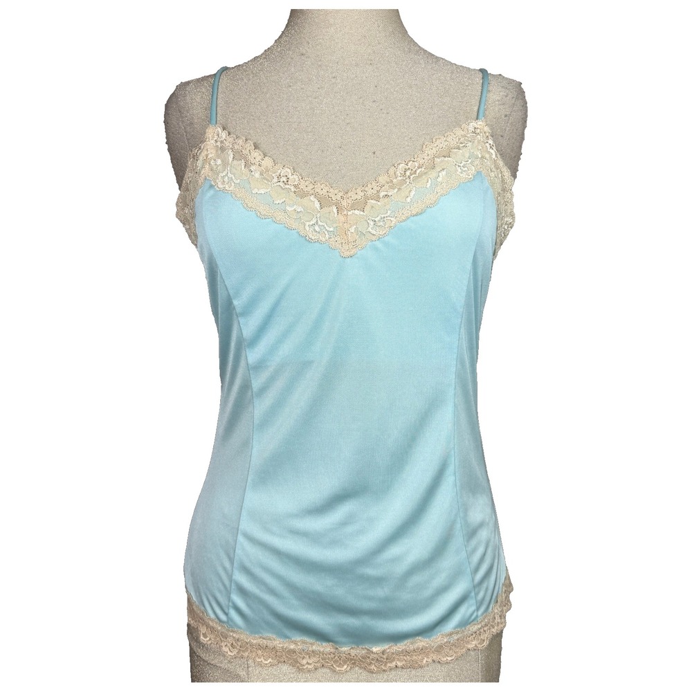The Limited Y2K Silky Cami Tank Top Women L Light Blue Lace Trim Fairy 2005 Vtg